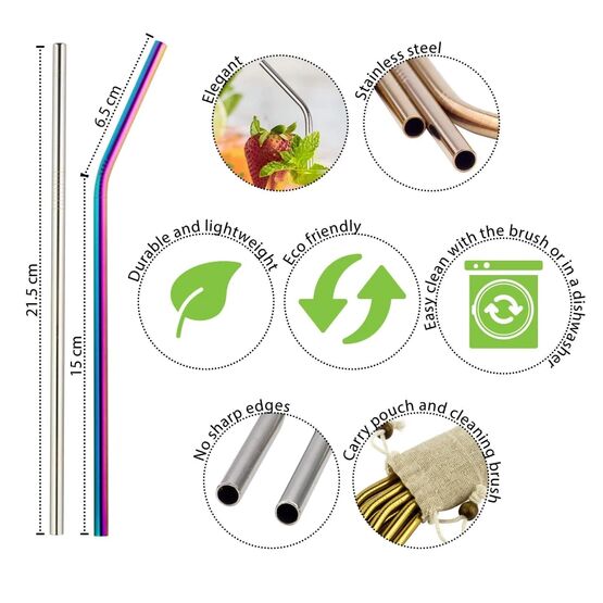 Reusable Metal Drinking Straws - Stainless Steel - Rainbow Colour