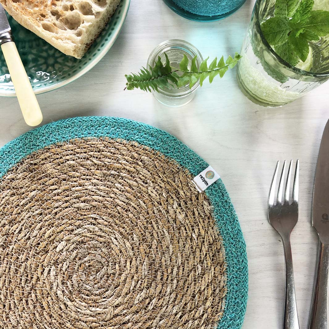 Seagrass and Jute Tablemat - Natural/Turquoise