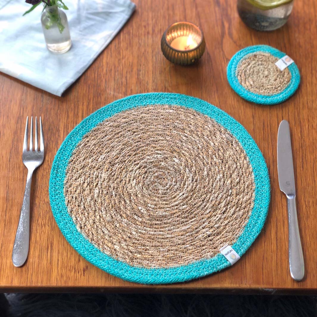 Seagrass and Jute Tablemat - Natural/Turquoise