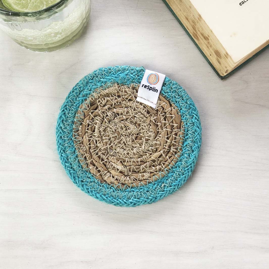 Seagrass and Jute Coaster - Natural/Turquoise