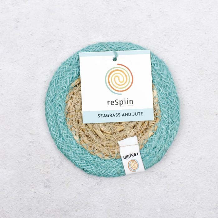 Seagrass and Jute Coaster - Natural/Turquoise